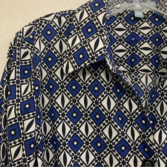 FOXCROFT WRINKLE FREE SHIRT WOMENS 14 BLACK & BLUE FITTED 100% COTTON BUTTON UP. - Picture 3 of 11